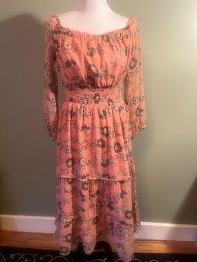 Patrons of Peace Peach Floral Off-Shoulder Tiered Midi Dress